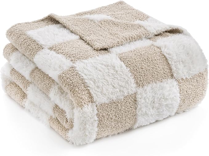 Snuggle Sac Checkered Throw Blanket Faux Fur Microfiber Blankets for Couch,Cozy Soft Warm Blanket for Sofa Bedroom Living Room,Beige Checker,50x60 inches