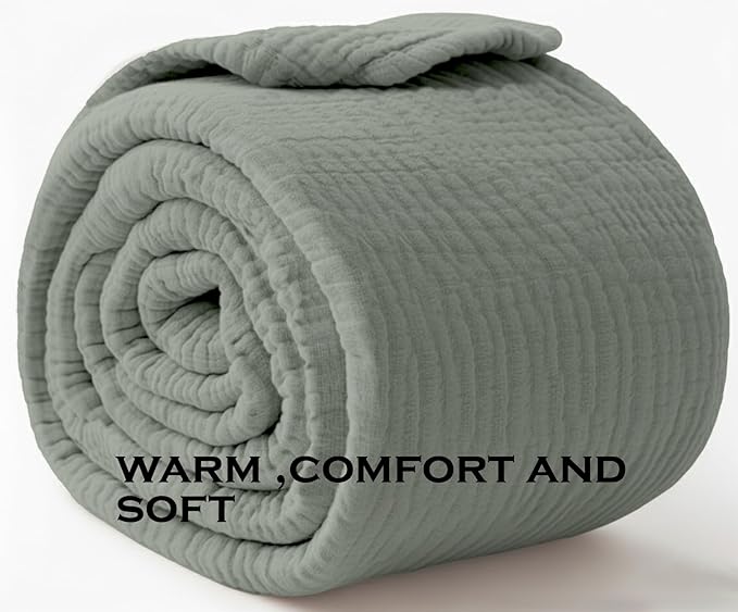 KyraHome 100% Organic Cotton Throw Blankets, 60"x80", Plant Dyed, Lightweight Warm, Gauze Soft Muslin Blankets for Adults, Picnic, Travel, All Season, Sage Green