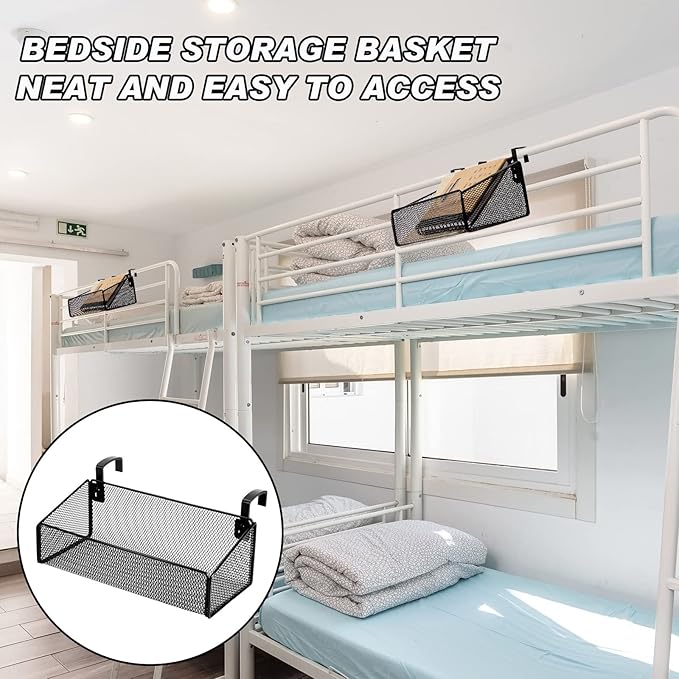 Zubebe 2 Pieces Bedside Shelf for Bed with 10 Pairs Hooks Bunk Bed Shelf for Top Bunk Bedside Caddy Hanging Storage Basket Black Metal Organizer for Book Phones Drinks College Dorm Home Office Desk