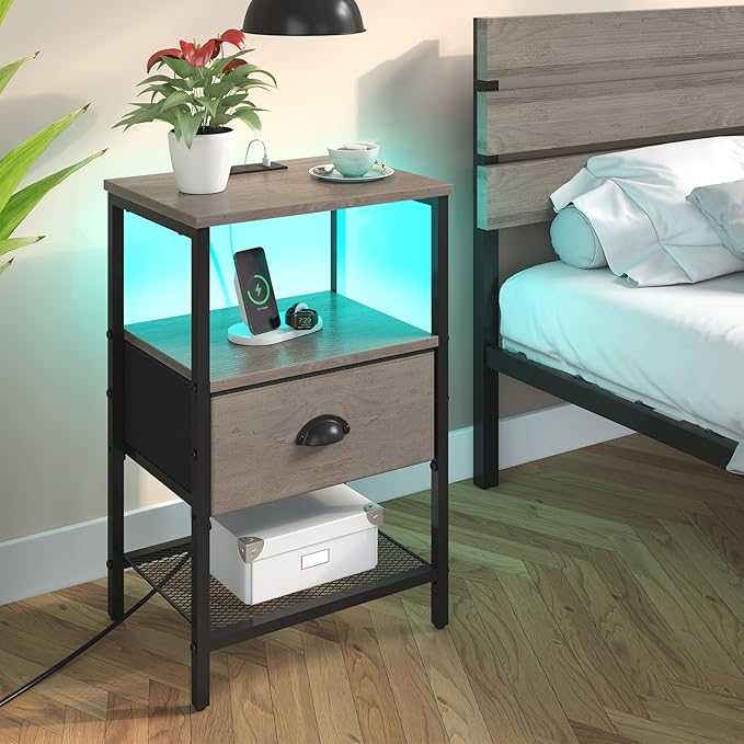 Nightstands Set of 2, LED Night Stands with Charging Station and Fabric Drawer, Bedside Tables with Drawers, 2- Tier LED Side Table End Table Charging Station Livingroom Bedroom, Grey