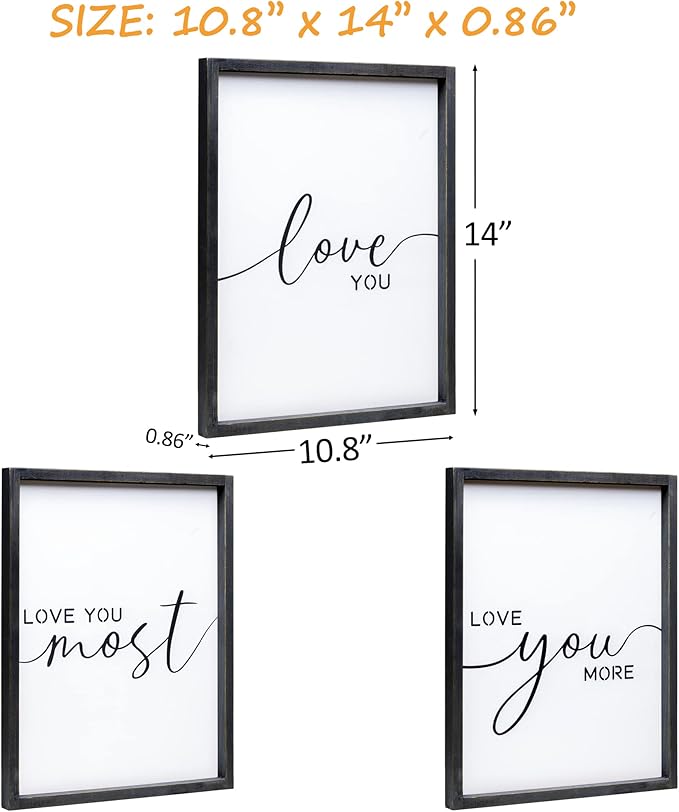 Set of 3 Love You More Sign I Love You Most Sign Wall Decor for bedroom room and living room (11x14 inches, Black)