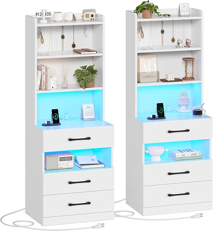AOGLLATI Tall Nightstand Set of 2 with Charging Station and LED Lights, Night Stand with 3 Drawers and Bookshelf, White Modern Bedside Table with Storage Shelves for Bedroom