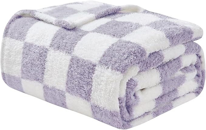 EMME Checkered Blanket Queen Size - 80"x90" Lavender Knit Blanket Soft Fluffy Patterned Throw Blankets for Couch, Sofa, Chair, Bed, Camping, Picnic, Travel