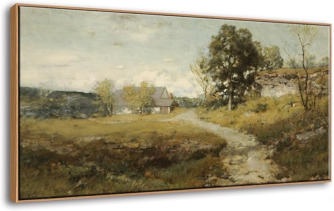 DJSYLIFE Framed Canvas Wall Art, Vintage Country Path Landscape Prints, Large Pictures for Living Room Bedroom Wall, Classical Artwork Farmhouse French Countryside Decor 20x40 Inch