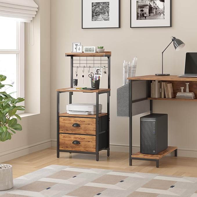 Tall Nightstands with Charging Station, LED Night Stand Bedsides with 2 Fabric Drawers,Hooks,USB Port and Open Storage Shelves,Tall End Table Bedside for Bedroom,Office, Rustic Brown