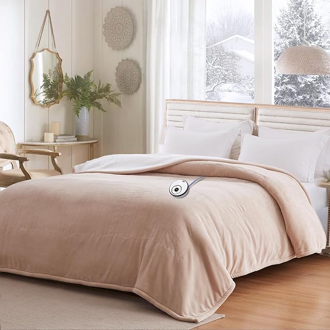 Sealy Electric Blanket Twin Size 62"*84",Super Cozy Flannel to Sherpa Reversible Heated Twin Blanket with 10 Heating Levels & 1-12 Hours Auto Off Overheating Protection Machine Washable, Beige
