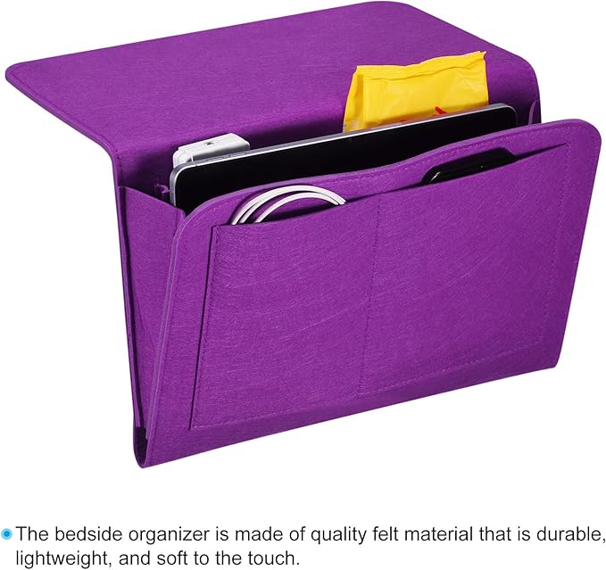 PATIKIL 13in Bedside Caddy, Bed Caddy Bedside Organizer Hanging Soft Felt 5 Pockets Bed Pockets Bedside Storage Organizer Remote Control Holder for Bedroom Phones Glasses, Purple