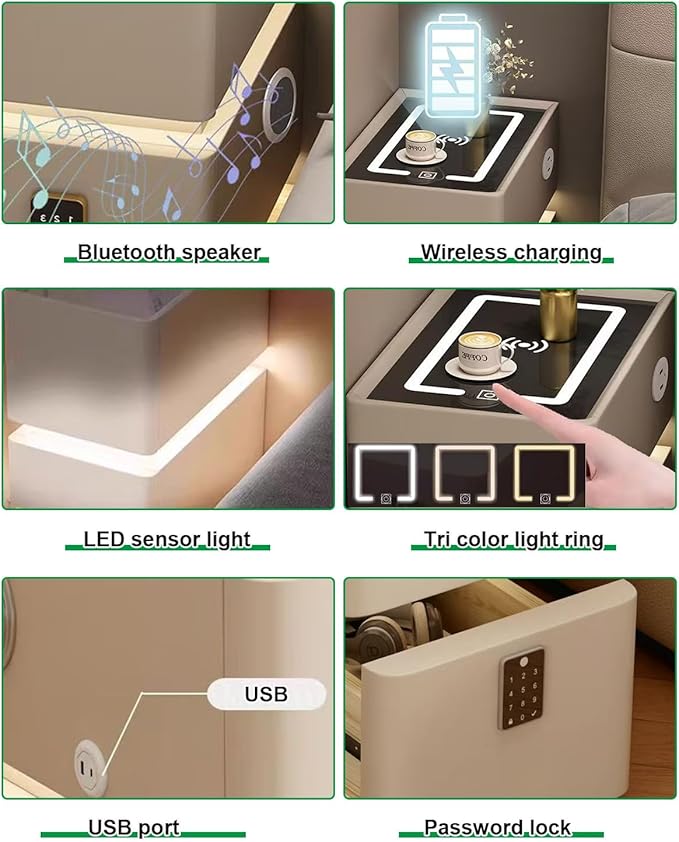 Smart Narrow Nightstand with 3 Drawers 11.8" W x 15.7" D x 25.2" H, Charging Nightstand, Modern Leather Bedside Table, Password Lock, LED Sensor Light, USB Port (3 Drawers, White)