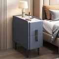 Modern Pu Leather Nightstand with Marble Tabletop, Narrow Bedside Table Luxury Side End Table with 2 Drawers & Metal Legs, Storage Cabinet for Bedrooms(45x40x50cm(18x16x20inch), Blue)