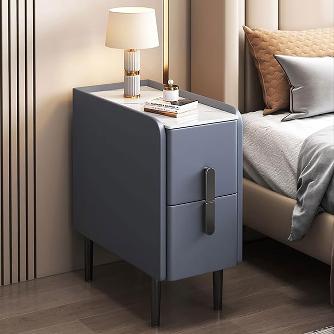 Modern Pu Leather Nightstand with Marble Tabletop, Narrow Bedside Table Luxury Side End Table with 2 Drawers & Metal Legs, Storage Cabinet for Bedrooms(40x40x50cm(16x16x20inch), Blue)