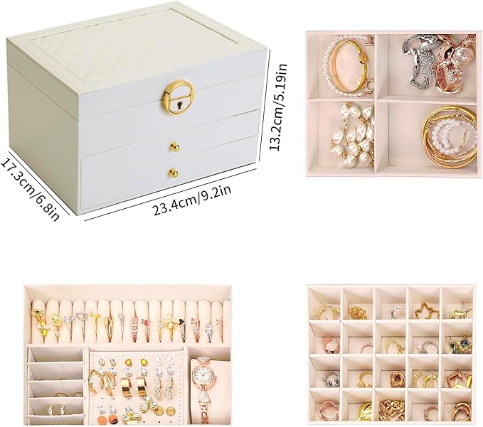 3 Layer Jewelry Box Organizer with Drawers, Lockable PU Leather Jewelry Storage Case for valentine gifts Necklace Earring Ring Bracelet Watch, White