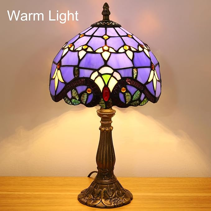 Tiffany Style Table Lamp, Blue Baroque Style Stained Glass Lamp, 8 Inch Small Antique Lamp, for Bedside Nightstand Bedroom Living Room Home Office, Include LED Bulb