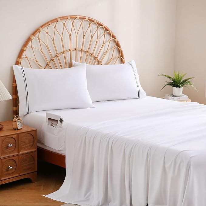 JSD White Full Sheet Set with Side Pocket Corner Straps, 4 Piece Soft Microfiber Bed Sheets Extra Deep Pocket