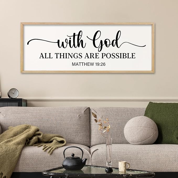 comurdyo With God All Things are Possible Wall Decor 40"X15" Matthew 19:26 Sign Bible Verse Large Wooden Framed Christian Scripture Prayer Wall Hanging Art (Wood)
