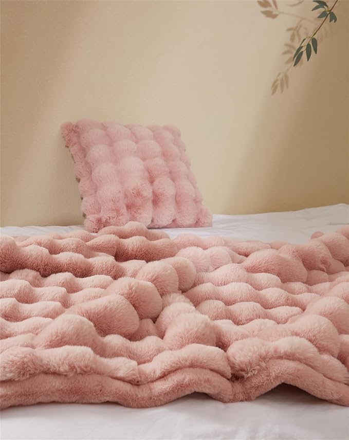 H&D Faux Fur Throw Blanket for Couch,Fluffy Cozy Soft Plush Luxury Thick Fuzzy Fleece Blanket for Couch Bed Sofa Bedroom Living Room,Comfy Bubble Blanket(Rose, Throw (50" x 60"))