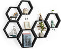 YBING Hexagon Floating Shelves Black Hexagon Shelves for Wall Wood Farmhouse Storage Honeycomb Shelves Set of 6 Hexagon Wall Mounted Home Decor Storage Shelves for Living Room Bedroom Office