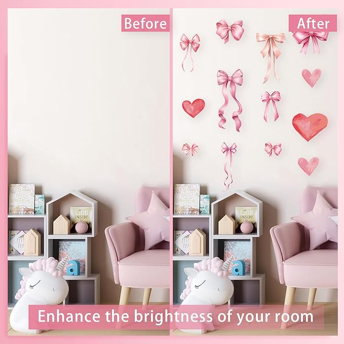 Pink Bow and Heart Wall Decals - 6 Sheets 82 Pcs Bow Knot Wall Stickers Watercolor Bow Heart Peel and Stick Wall Stickers for Girls Room Nursery Bedroom Valentine's Day Décor