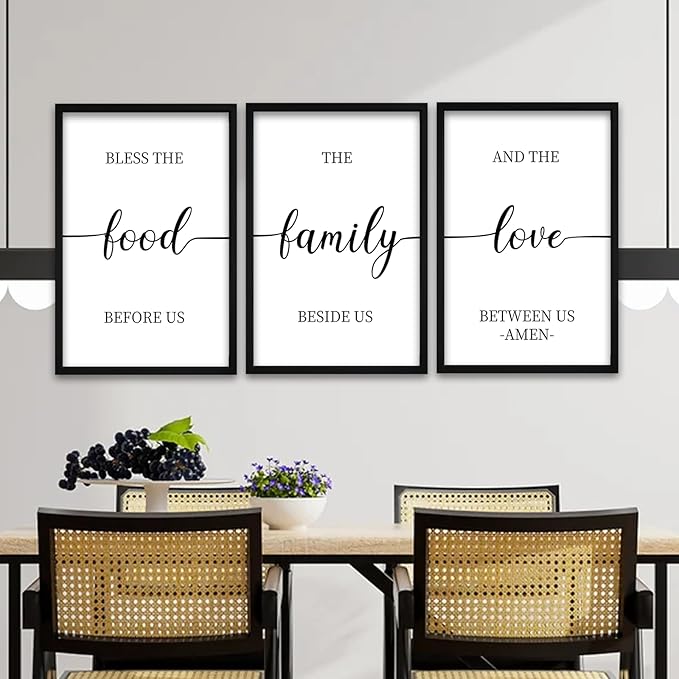 flowtorely Bless the Food Before Us Sign Wall Decor 16"×11" Set of 3 for Dining Room Kitchen Rustic Wood Framed Wall Hanging Art (Black)