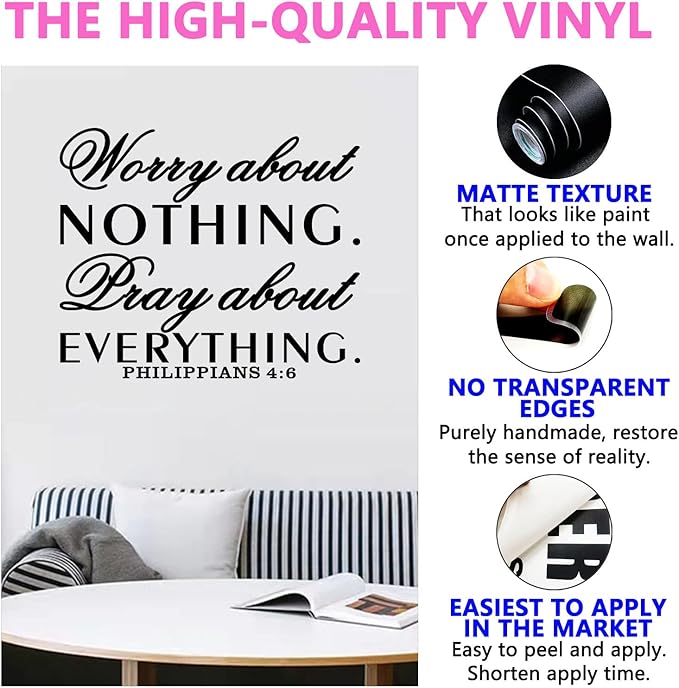 Inspirational Wall Decals, Prayer Wall Stickers, Quotes Kitchen Bathroom Bedroom Living Room Motivational Bible Verse Home Vinyl Art Wall Decor, Worry About Nothing Pray About Everything 30"X25"