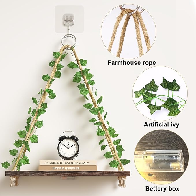 Fixwal Artificial Ivy LED-Strip Floating Shelves Set of 3, Macrame Hanging Shelves Plant Wall Decor, Rustic Boho Wood Wall Storage Shelves for Bedroom, Living Room, Bathroom Decor (Dark Brown)