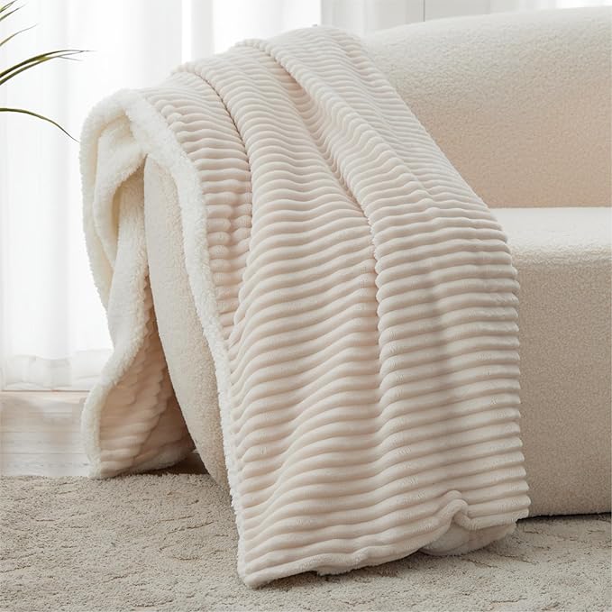 Sherpa Throw Blanket for Couch - Super Soft & Thick, White Throw Blanket, Warm Blankets for Winter, Fluffy Blanket for Sofa Bed, Striped Fleece, Cream, 50x60 Inches