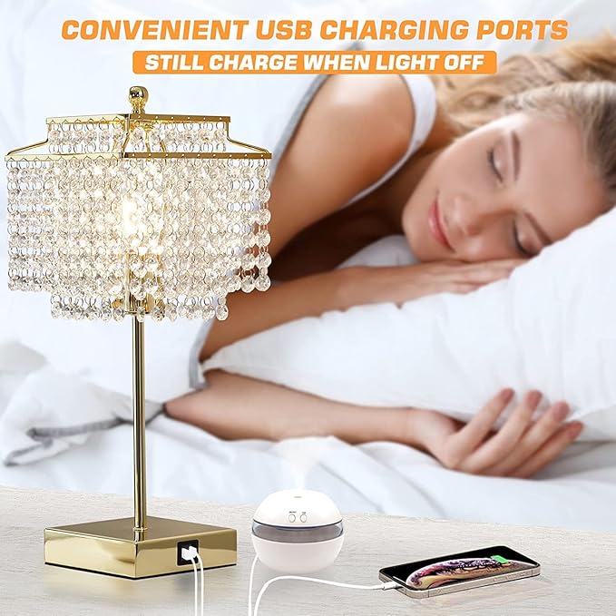 Luvkczc Set of 2 USB Bedside Crystal Table Lamp Gold, Touch Control Lamp, Dimmable Lamp with Crystal Shade for Bedroom, Living Room, 6W LED Bulb Included