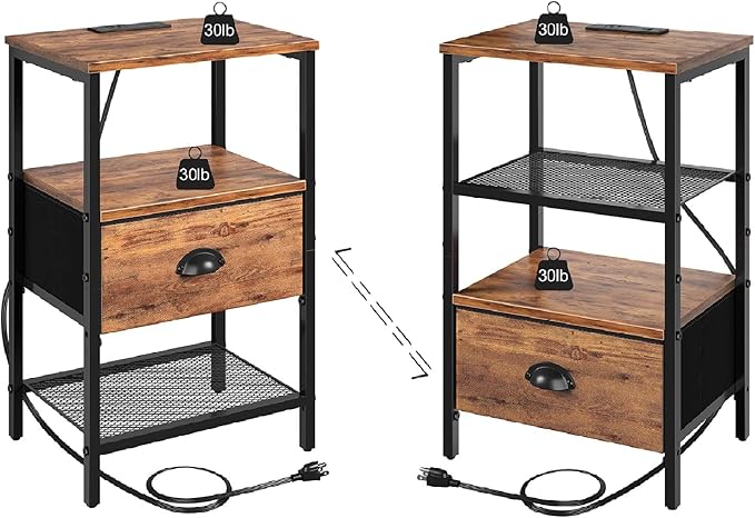 Nightstands Set of 2, Night Stands with Charging Station and Fabric Drawer, Bedside Tables with Drawers, 2- Tier Side Table with Open Shelf, Nightstands with Charging Station,Rustic Brown