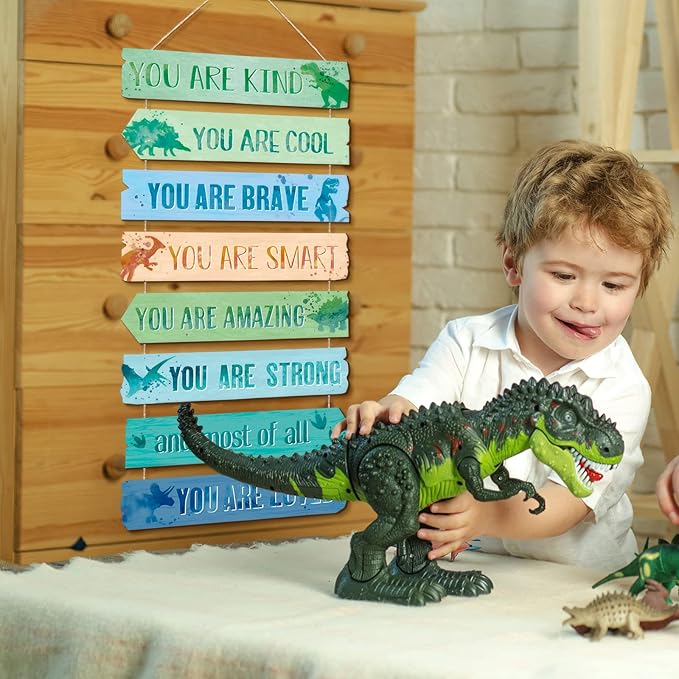 Inspirational Girl Room Decor Aesthetic Art Wall Hanging Sign Inspiring Colorful Rainbow Wooden Decoration for Kids Teens Toddler Boy Baby Bedroom Nursery Dorm Decor, 6-12 Years old (Dinosaur)