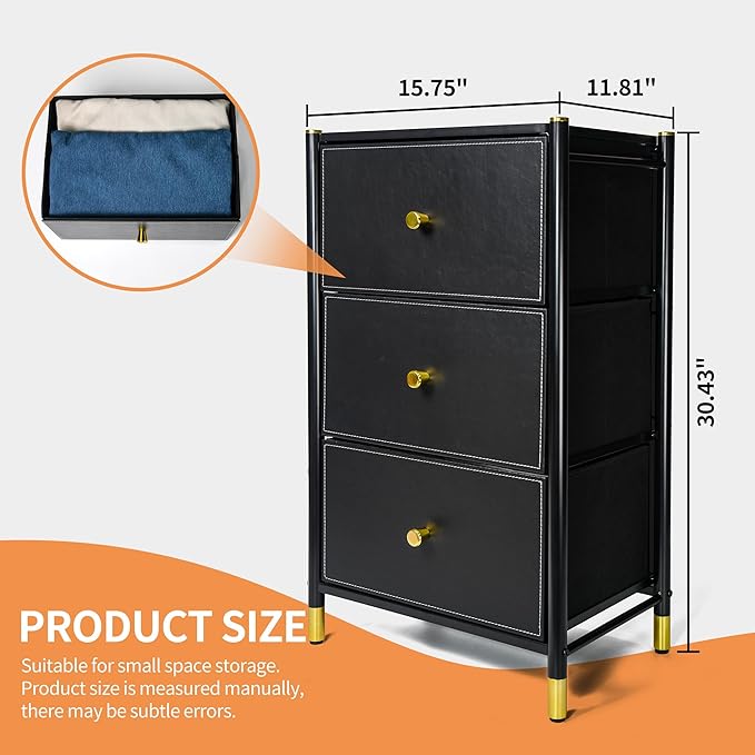 Nightstand with 3 Fabric Drawers – Bedside Table with Wood Top & Faux Leather Front Panels, Heavy-Duty Steel Frame for Bedroom Storage