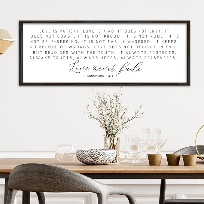 Love is Patient Wall Art Decor 40"×15" Love is Kind Bible Verse Sign 1 Corinthians 13 4-8 Scripture Quote Master Bedroom Above Bed Christian Couple Large Wood Framed Hanging (Black)