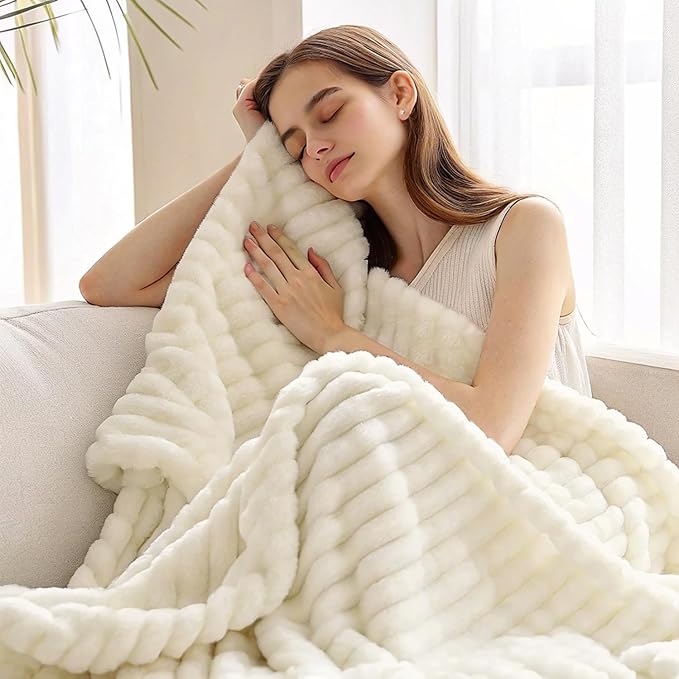 decorUhome Soft Fleece Cream White Blanket Queen Size for Bed, Cozy Fluffy Plush Flannel Large Striped Throws for Couch Sofa, Lightweight Decorative Fuzzy Blanket for Woman, 90x90 Inches