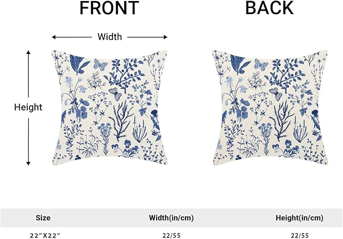 AEIOAE Summer Pillow Covers 22x22 Inch Set of 2,Navy Blue Wild Flower Plant Throw Pillows Case,Seasonal Floral Outdoor Decorative Square Linen Farmhouse Decor Cushion Covers for Home Couch Sofa Bed