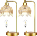Glass Table Lamp Set of 2,Small Gold Bedside Lamps Dimmable Boho Bedroom Lamp with Tulip Flower Amber Lamp Shade,Vintage Mid Century Modern Mini Nightstand Lamp for Bedroom Living Room