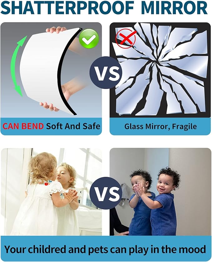 Shatterproof Wall Mirror Full Length for Bedroom, Acrylic Gym Mirrors For Home, Extra Thick : 0.12 Inch, 14 x 12 Inches x 4 PCS, Workout Mirrors Safe for Kids, Over The Door, Long Wall Mounted Mirror