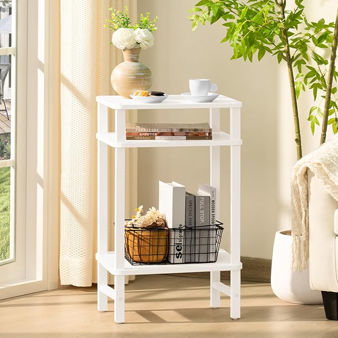 Side Table End Table Tall Night Stand 3-Tier 2 Pack for Living Room Bedroom Bathroom Office Furniture White