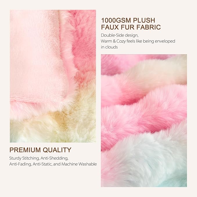Luxury 1000GSM Faux Rabbit Fur Throw Blanket, Super Heavy Warm Cozy Blankets for Couch Bed Sofa, Bubble Plush Fuzzy Elegant Soft Reversible Mink Blanket for Living Room Bedroom, Rainbow