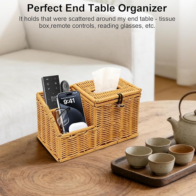 Square Tissue Box Cover with Storage, Multifunction Cube Tissue Box Holder, Farmhouse Wicker Remote Control Nightstand Organizer Caddy for Bathroom, Home, Office Decor, Kitchen Countertop
