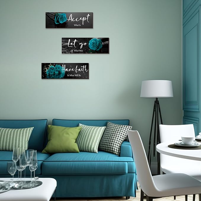 ZINYAZHE 3 Pcs Teal Wall Decor Inspirational Teal Bathroom Decor Wooden Rose Art Turquoise Office Decoration With Accept Let Go Have Faith Quotes For Women Bedroom Living Room(16 X 5 Inch)