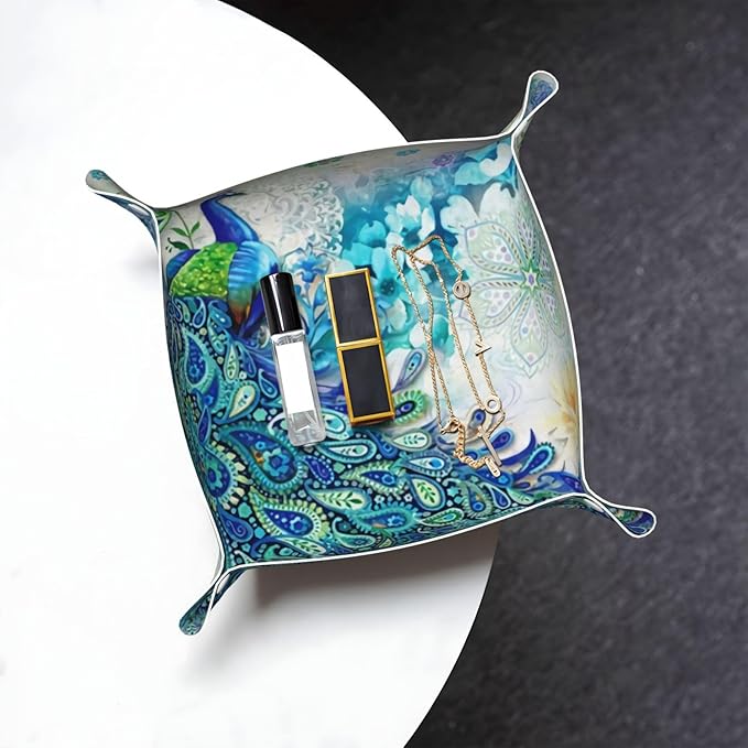 Peacocks and flowers Leather Vanity Tray Desktop Storage Organizer, Decorative Catchall Perfume Tray, Bathroom Valet Tray,Nightstand Caddy Holder for Keys Phone Wallet Coin Jewelry, S