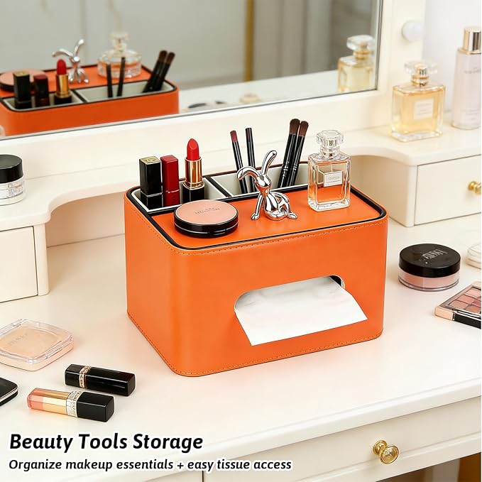 PU Leather Tissue Box Cover Square - Multifunctional Tissue Box Holder with Storage, Tissue and Remote Control Holder Organizer with Compartments for Bedroom Nightstand, Desk, Living Room (Orange)