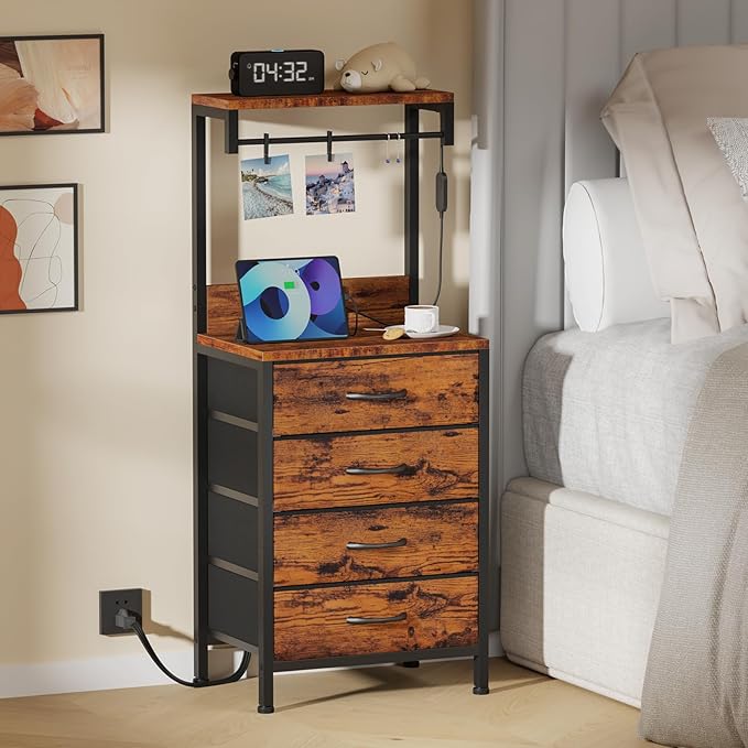 Furnulem Night Stand with Charger Station, 38'' Tall Nightstand with 4 Fabric Drawers and LED Lights, Bedside Table with Storage Shelf for Bedroom, Office, Metal Frame, Wood Shelves, Rustic Brown | 4 Fabric Drawers, LED Lights, Storage Shelf, for Bedro...