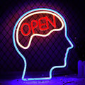 JFLLamp Open Mind Brain Neon Signs for Wall Decor Neon Lights for Bedroom Suitable for Man Cave Bar Pub Office School Christmas Birthday Party 5V Power Adapter, 14.1 * 12.2 Inch(Blue+Warm White+Red)