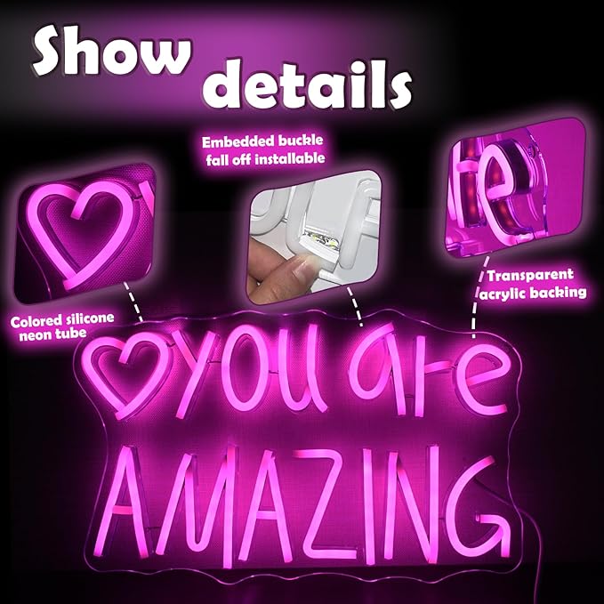 You Are Amazing Neon Sign Wall Decor for Bedroom Class Room Bar Pub Club Nursery Hanging,Dimmable USB Pink Led Light for Wedding Birthday Party Women Christmas Gifts