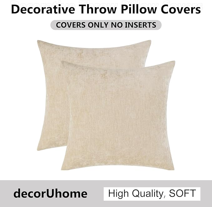 decorUhome Chenille Beige Throw Pillow Covers 26x26 Inch Set of 2, Decorative Soft Couch Pillow Covers Solid Dyed Accent Farmhouse Neutral Square Pillow Cases for Sofa