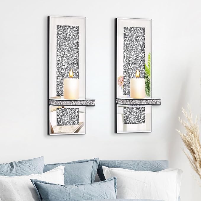Crystal Crushed Diamond Mirrored Candle Sconces Set of 2 Silver Glass Wall Candle Holder Bling Wall Decorations for Home Decor Living Room Dining Room Bedroom