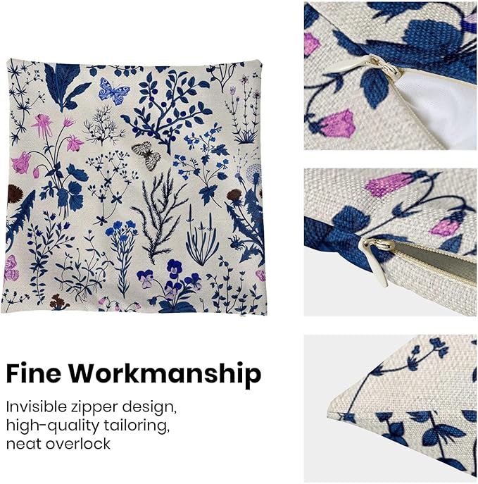 AEIOAE Summer Pillow Covers 20x20 Inch Set of 2,Navy Blue Wild Flower Plant Throw Pillows Case,Seasonal Floral Outdoor Decorative Square Linen Farmhouse Decor Cushion Covers for Home Sofa Bed Couch