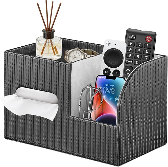 Fanousy Modern PU Leather Cube Tissue Box Cover with Storage Tray, Multifunctional Remote Control Holder & Facial Tissue Dispenser Organizer for Nightstand, Bathroom, Bedroom, Office & Home Decor