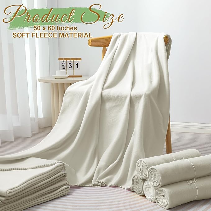 60PCS Off-White Fleece Blankets Bulk 50 X 60, Soft Lightweight Throw Blanket Cozy Blankets Bulk for Bed Sofa Couch Warm Pet Fleece Blanket Set for Wedding Homeless Home Office Travel Gift for Seasons