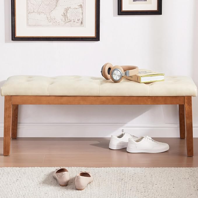 Ottoman Bench Upholstered Padded Seat with Solid Wood Legs and Button-Tufted, Faux Leather Ivory