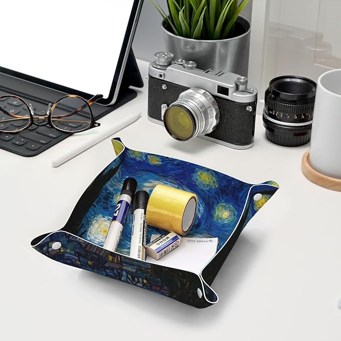 The Starry Night Van Gogh Leather Vanity Tray Desktop Storage Organizer Decor Catchall Perfume Bathroom Valet Tray Nightstand Caddy Holder for Remote Controller Keys Phone Wallet Coin Jewelry, S